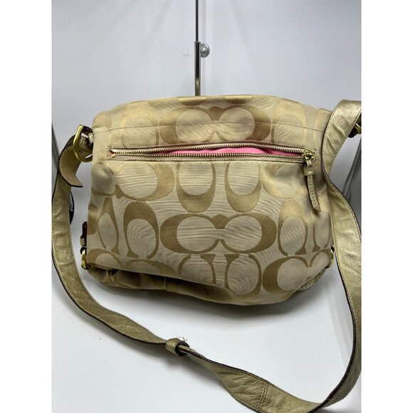 Coach E1159 Beige Signature Canvas & Gold Leather Crossbody Bag Pink Lining - Picture 4 of 13